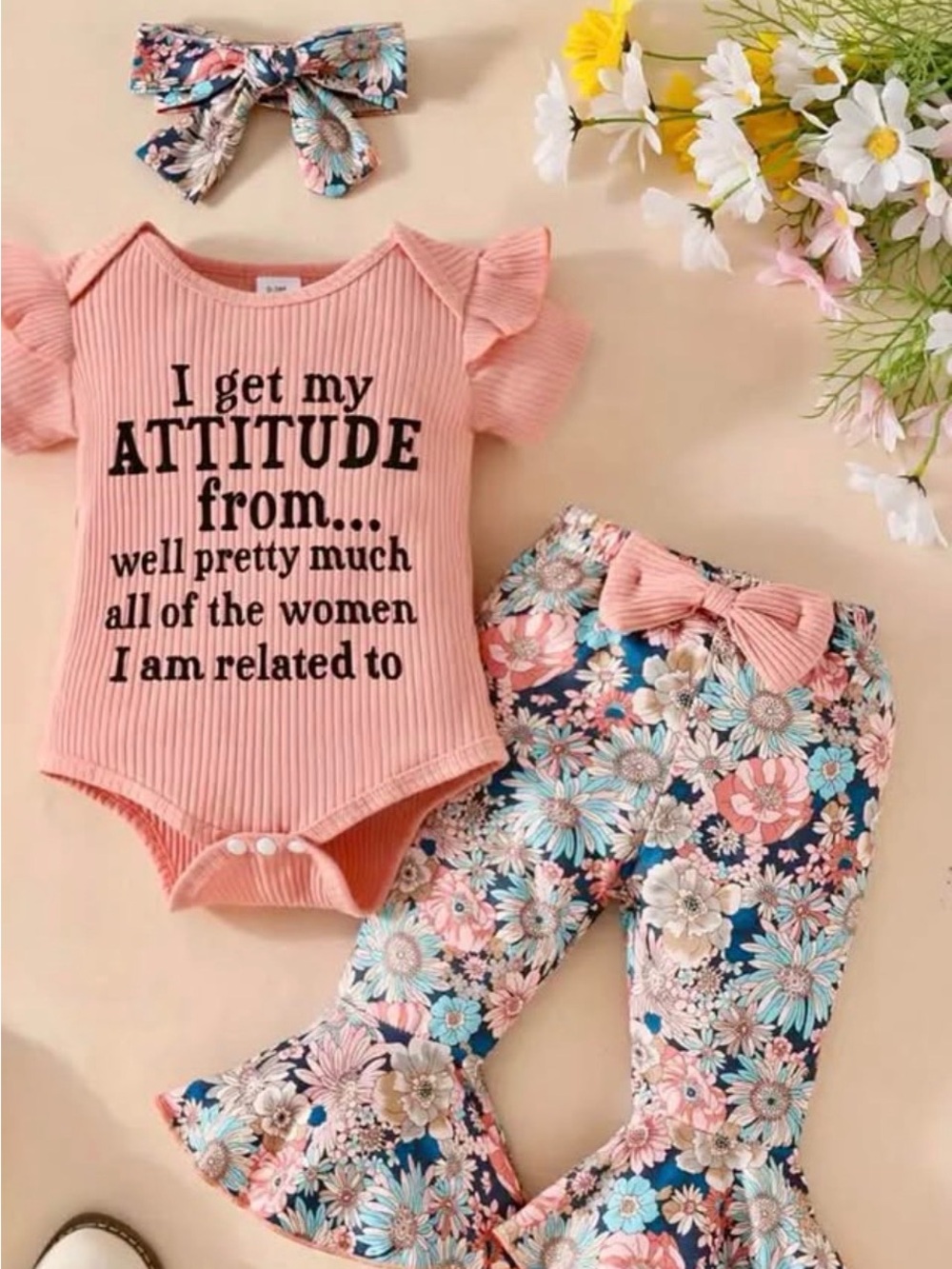 Unbranded Pink Ribbed Bodysuit & Floral Pants Matching Set for Kids